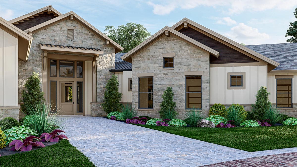 House plan exterior with stone and vertical siding, covered entryway, multiple gables, and prominent rooflines.