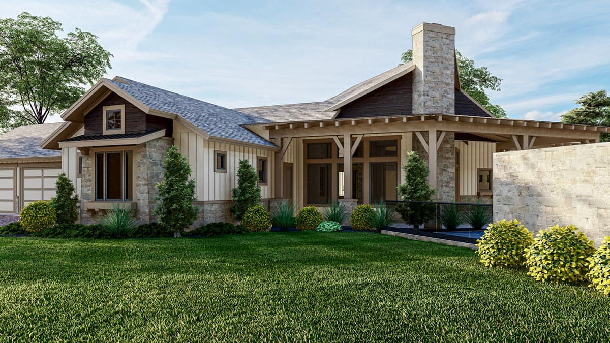 House plan exterior: Single-story Modern Farmhouse with stone accents, gabled dormer, covered porch with timber supports, and a stone chimney.