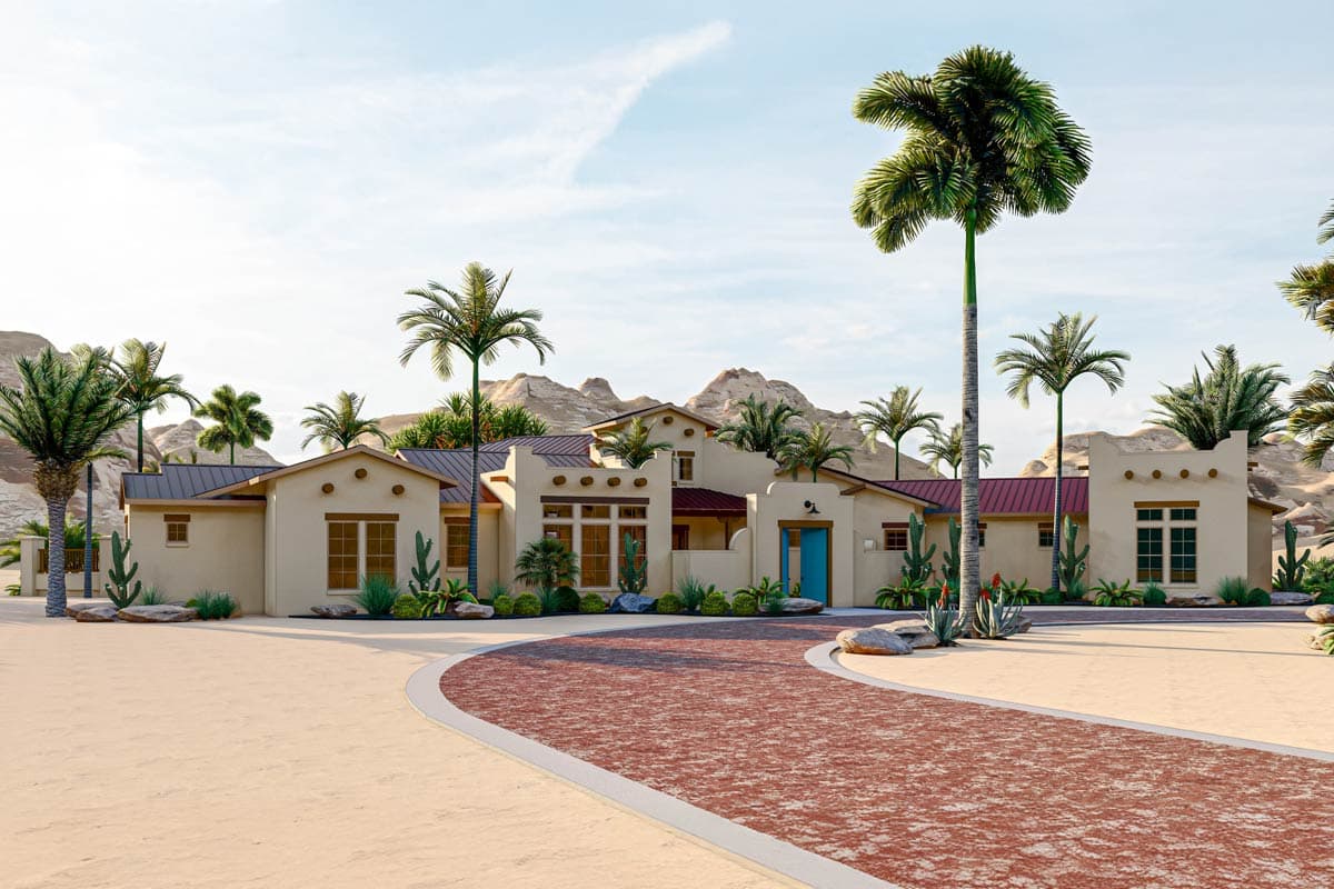 House plan exterior featuring a single-story, Spanish Colonial style home. Key features include a red tile roof, flat roof sections, and an arched entry.