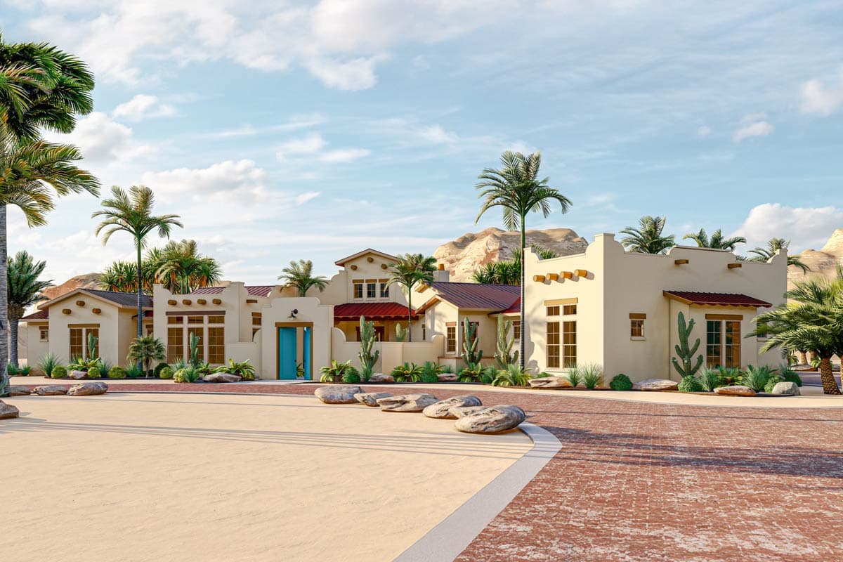 House plan exterior: Southwestern style, one-story, stucco walls, red tile roof, arched entryway, and decorative corbels.