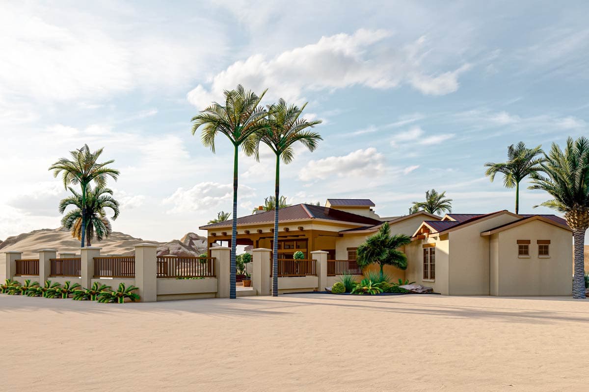 House plan exterior, single-story home with covered porch, Spanish tile roof, and desert landscaping.