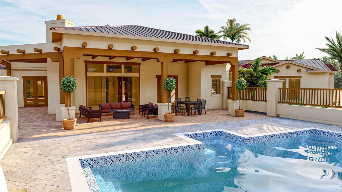 House plan exterior. One-story stucco home with a covered patio, exposed beam pergola, and attached garage.