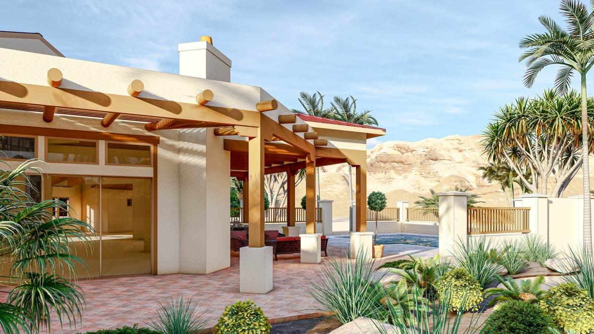 Exterior house plan rendering with a covered patio, large windows, and desert landscaping.