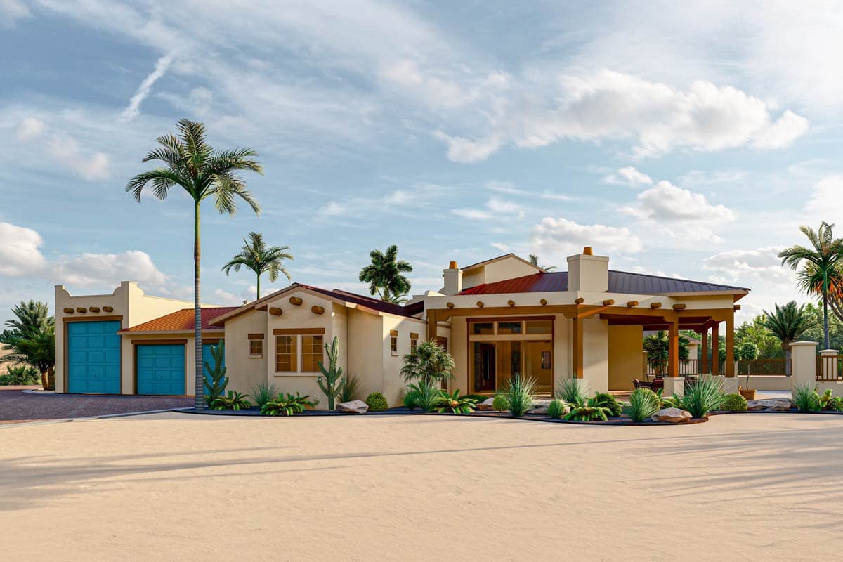 Plan 54032LK: 3-Bed Southwest House Plan with Angled Car Garage - 2945 Sq Ft - Image #7 - Adobe , Southwest, Spanish