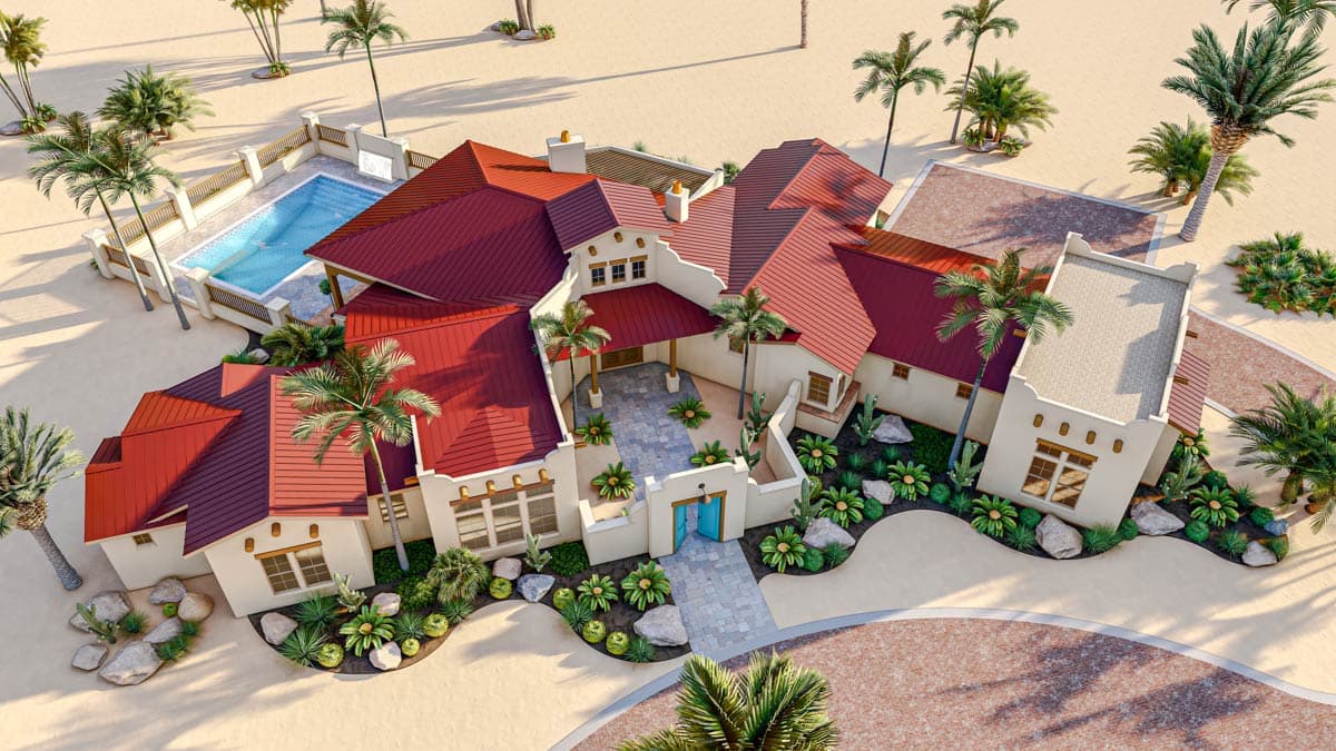 Plan 54032LK: 3-Bed Southwest House Plan with Angled Car Garage - 2945 Sq Ft - Image #9 - Adobe , Southwest, Spanish
