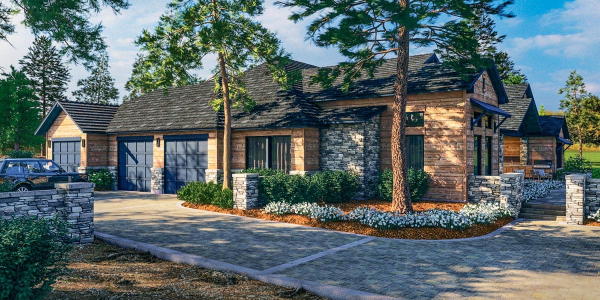 House plan exterior rendering of a two-story home with stone and wood siding, a detached garage, and gabled rooflines.