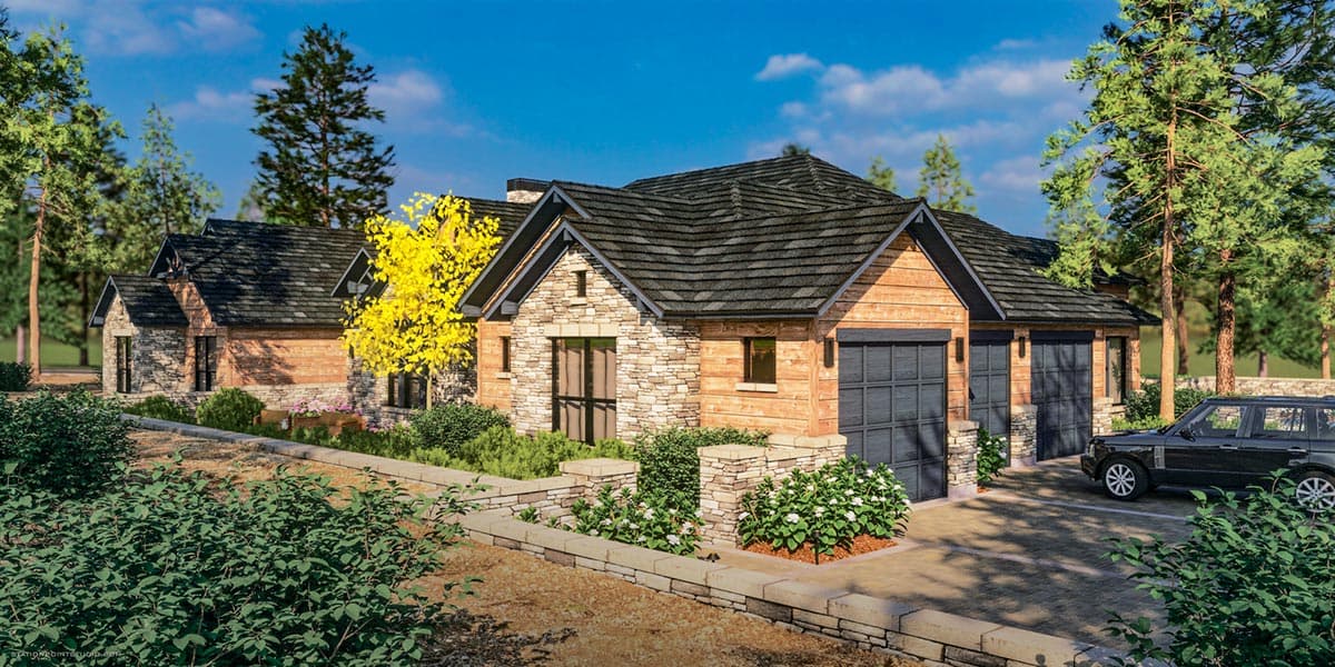 House plan exterior with stone and wood siding, multiple gables, and a three-car garage.