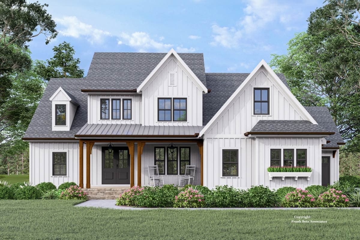 Modern Farmhouse house plan exterior, two stories, with a covered porch, board and batten siding, and gables.