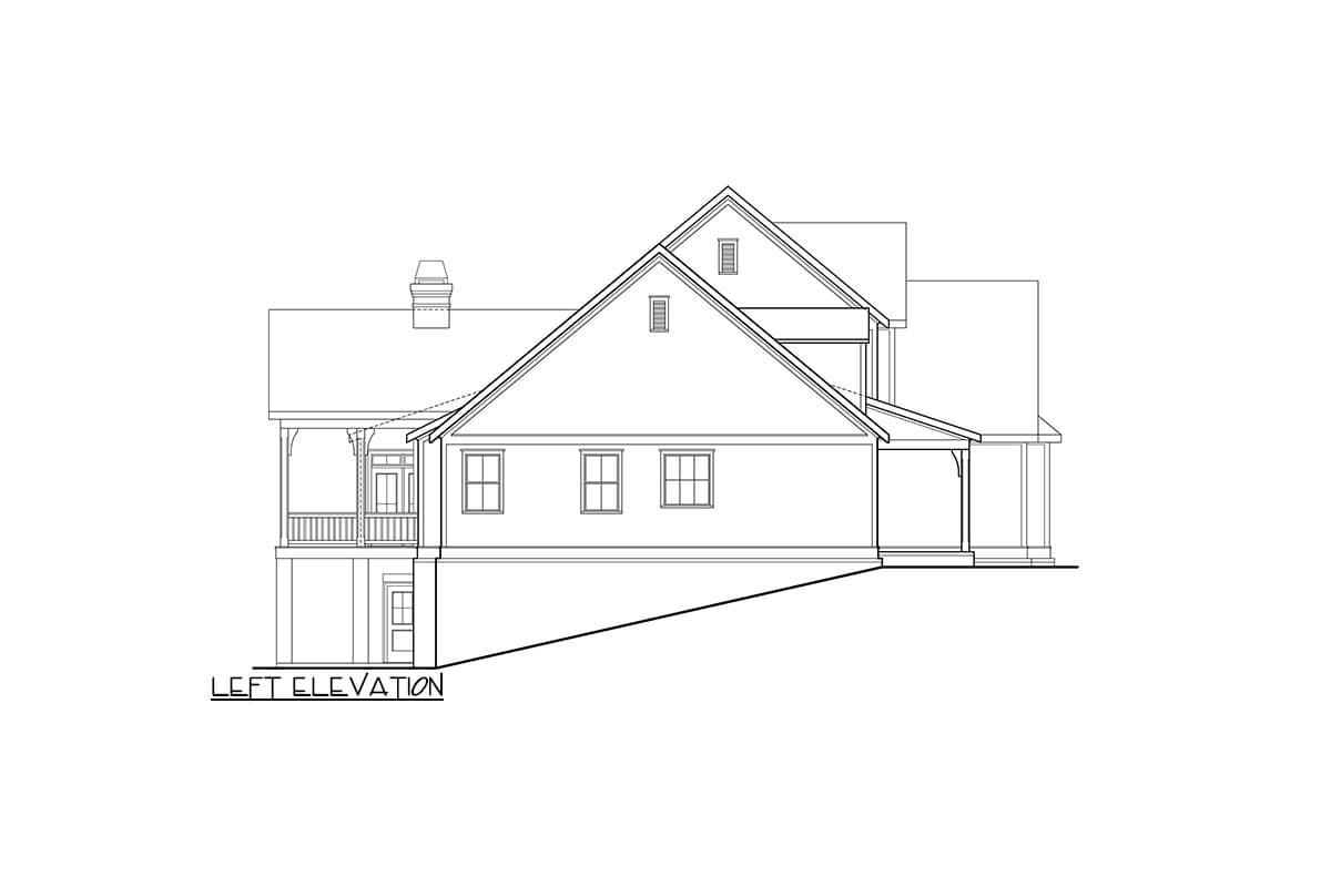 Left elevation drawing of a two-story house plan with gables, dormers, and a covered porch.