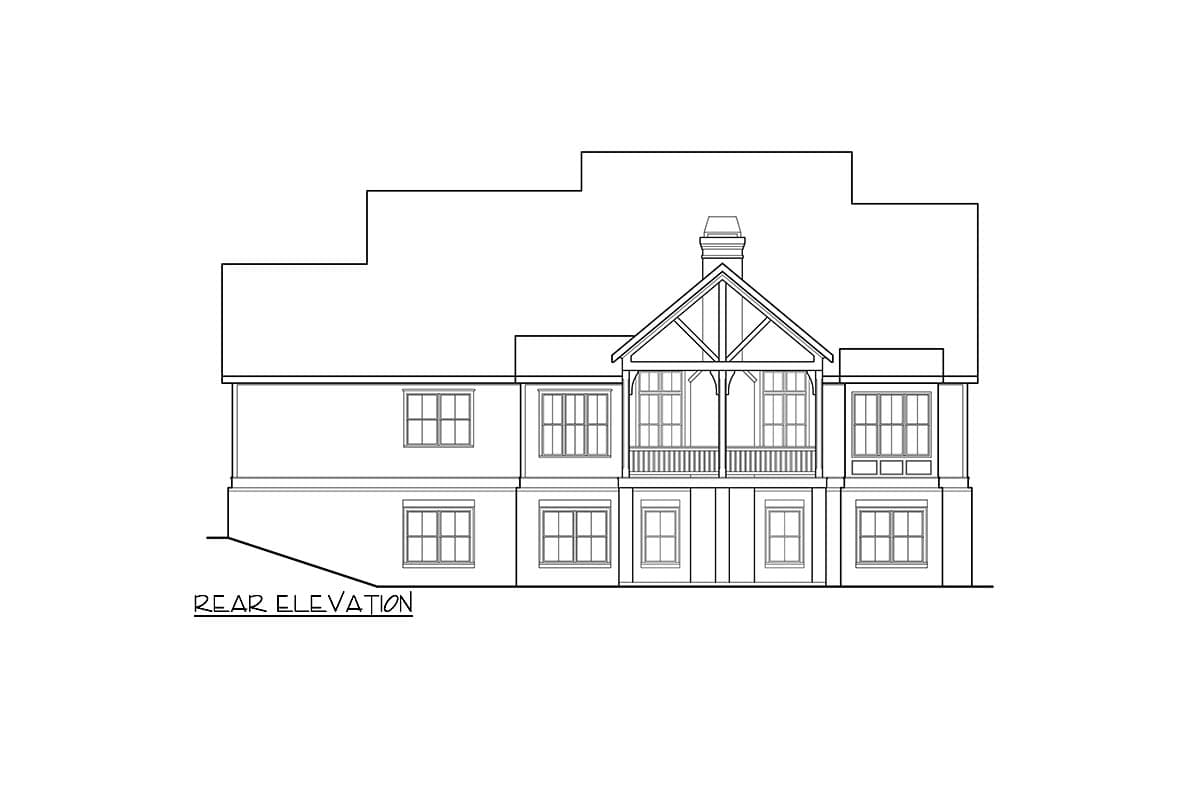 Rear elevation drawing of a multi-story house with a prominent gabled dormer and second-story balcony.