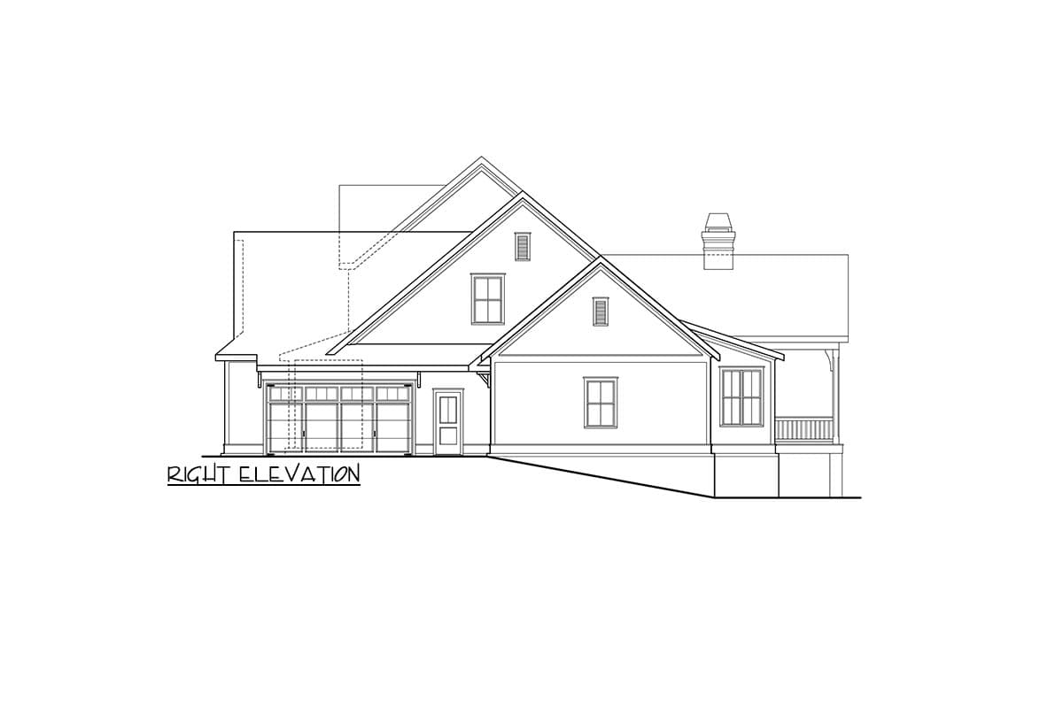 Right elevation house plan drawing showing a two-car garage, front door, dormer, and covered porch.