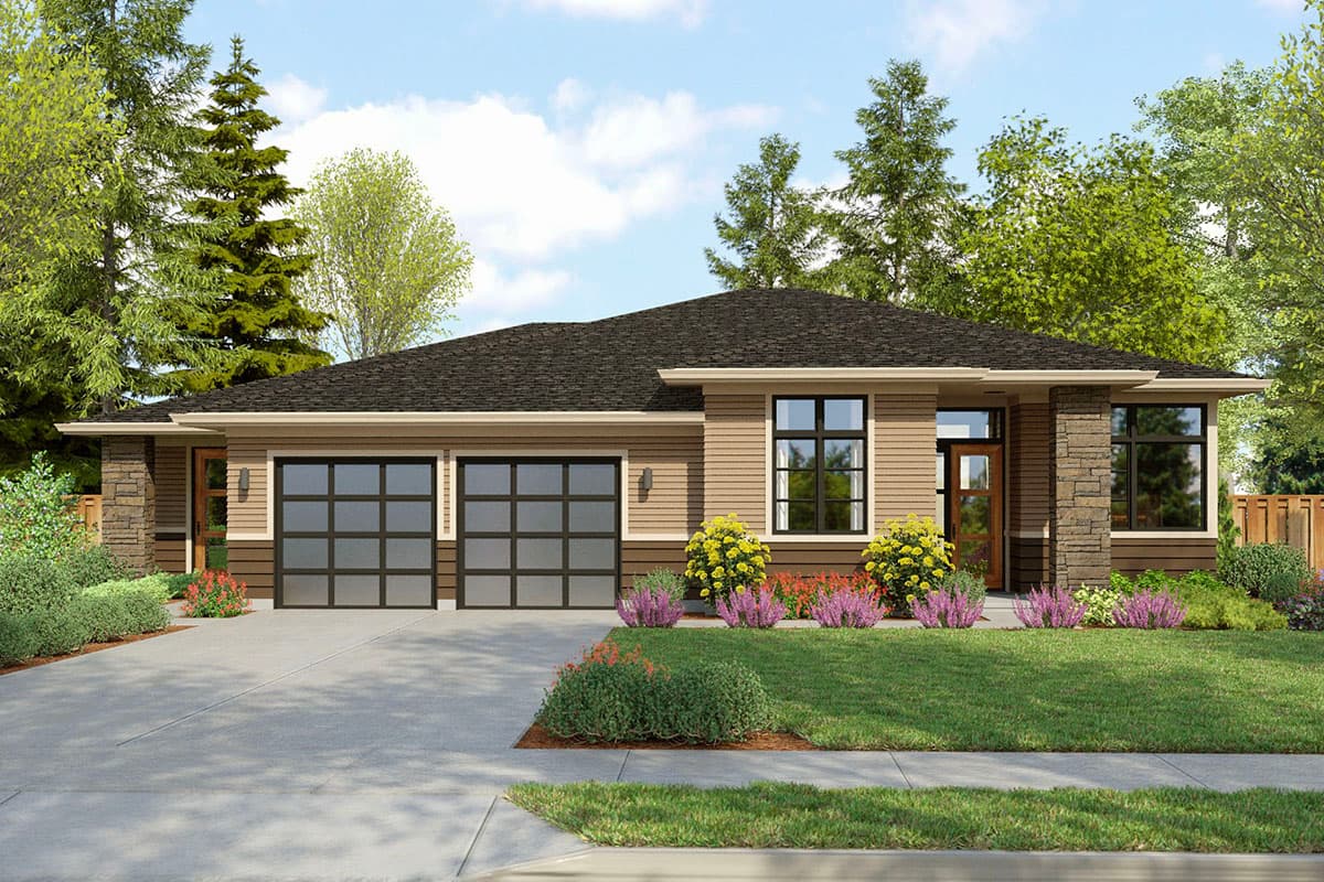 House plan exterior with modern style, one story, and two-car garage. Features include a low-pitched roof, stone accents, and large windows.