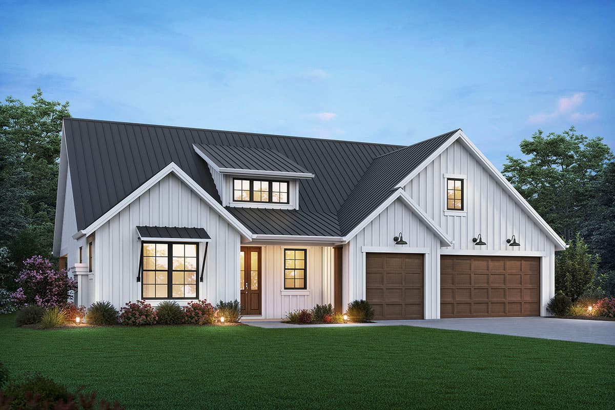 House plan exterior view, Modern Farmhouse style. Features include gabled roof, dormer, and attached two-car garage. White siding with dark roof.