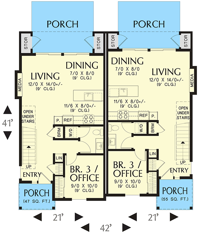 Plan 69791AM: Modern Farmhouse Duplex with Matching Units Under 1300 Square Feet - Floor Plan - Main Level - Craftsman, Modern Farmhouse, New American