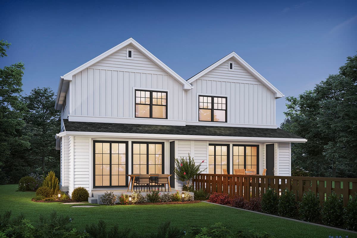 Modern Farmhouse house plan exterior with two stories, white board-and-batten siding, gable roofs, and large windows.
