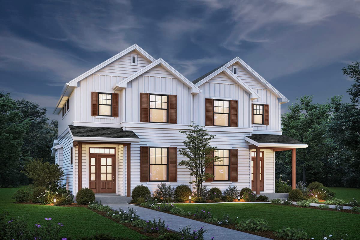 House plan exterior. Two-story Modern Farmhouse with gabled roof, two covered porches, and vertical siding, featuring dark shutters on windows.