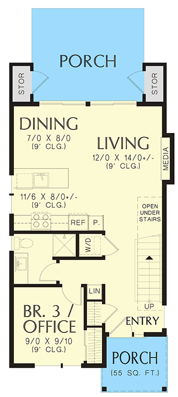 Plan 69792AM: 21-Foot-Wide 3-Bed Modern House Plan Under 1300 Square Feet  - Floor Plan - Main Level - Contemporary, Mid Century Modern, Modern, Northwest, Prairie