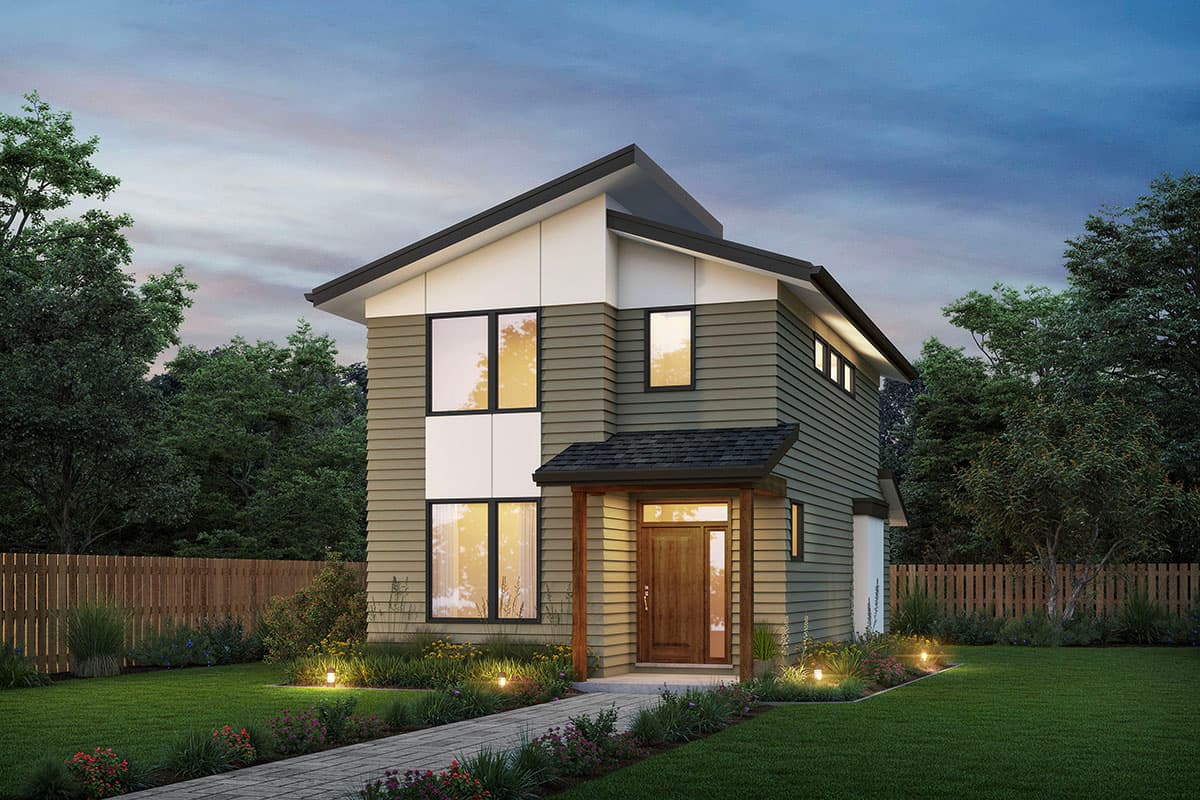 House plan exterior. Two-story modern house with a shed roof, covered entry, and large windows. Horizontal siding with white accent panels.