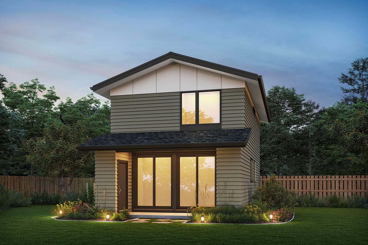 House plan exterior: Two-story modern home with horizontal siding, large sliding glass doors, and a peaked roof with exposed rafter tails.