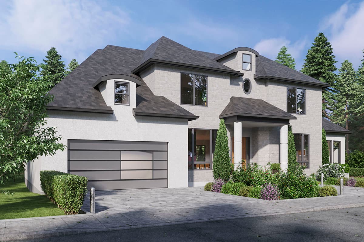 House plan exterior: two-story home with stone and stucco facade, prominent gables, dormers, and a modern garage door.