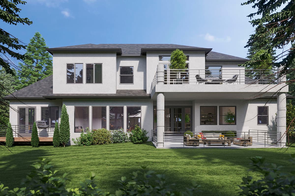 Modern house plan exterior with stucco finish, two stories, upper balcony, large ground-level patio, and extensive windows.