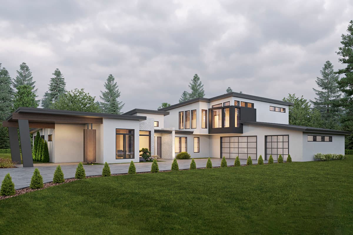 House plan exterior. Modern style, two-story home with flat rooflines, a porte-cochere, and a glass-paneled garage door.