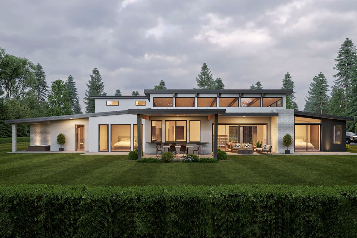 Modern house plan exterior with flat rooflines, large windows, covered patio, and brick accents.