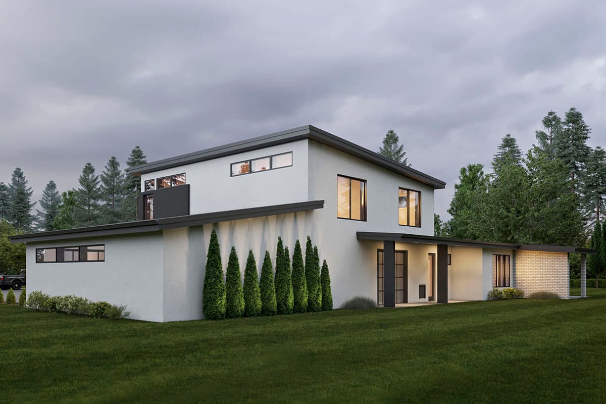 Two-story modern house plan exterior with stucco facade, flat roof, dark trim, and large windows.