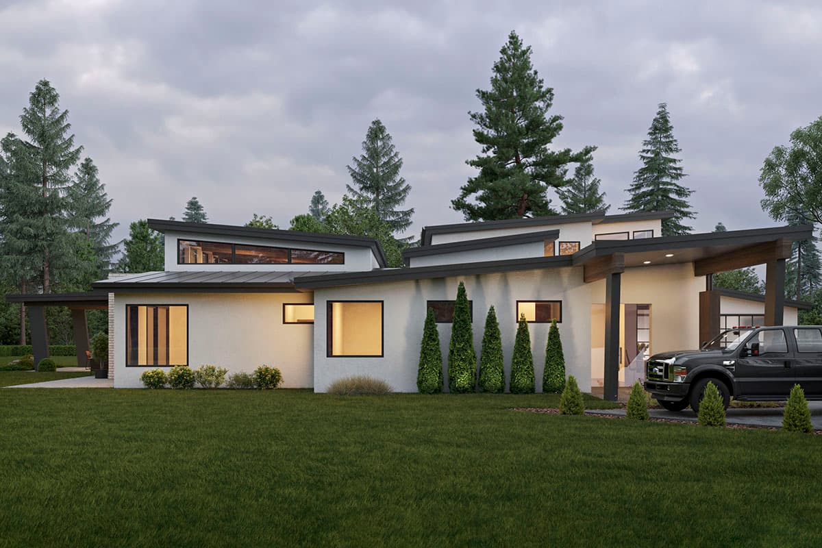 Modern house plan exterior with asymmetrical rooflines, large windows, a covered entryway, and a detached garage.