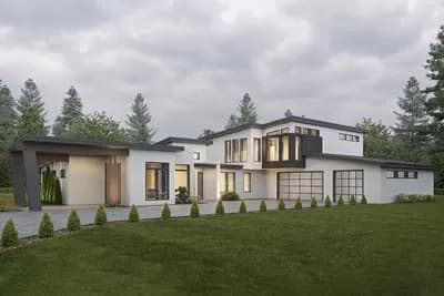 Mid-Century Modern Home Plan with 2-Story Great Room and Workshop