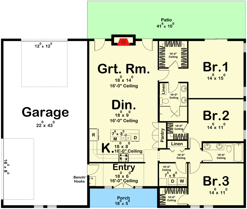 Plan 623195DJ: Modern House Plan Under 1800 Square Feet with Stone Accents - Floor Plan - Main Level - Contemporary, Modern, New American, Scandinavian