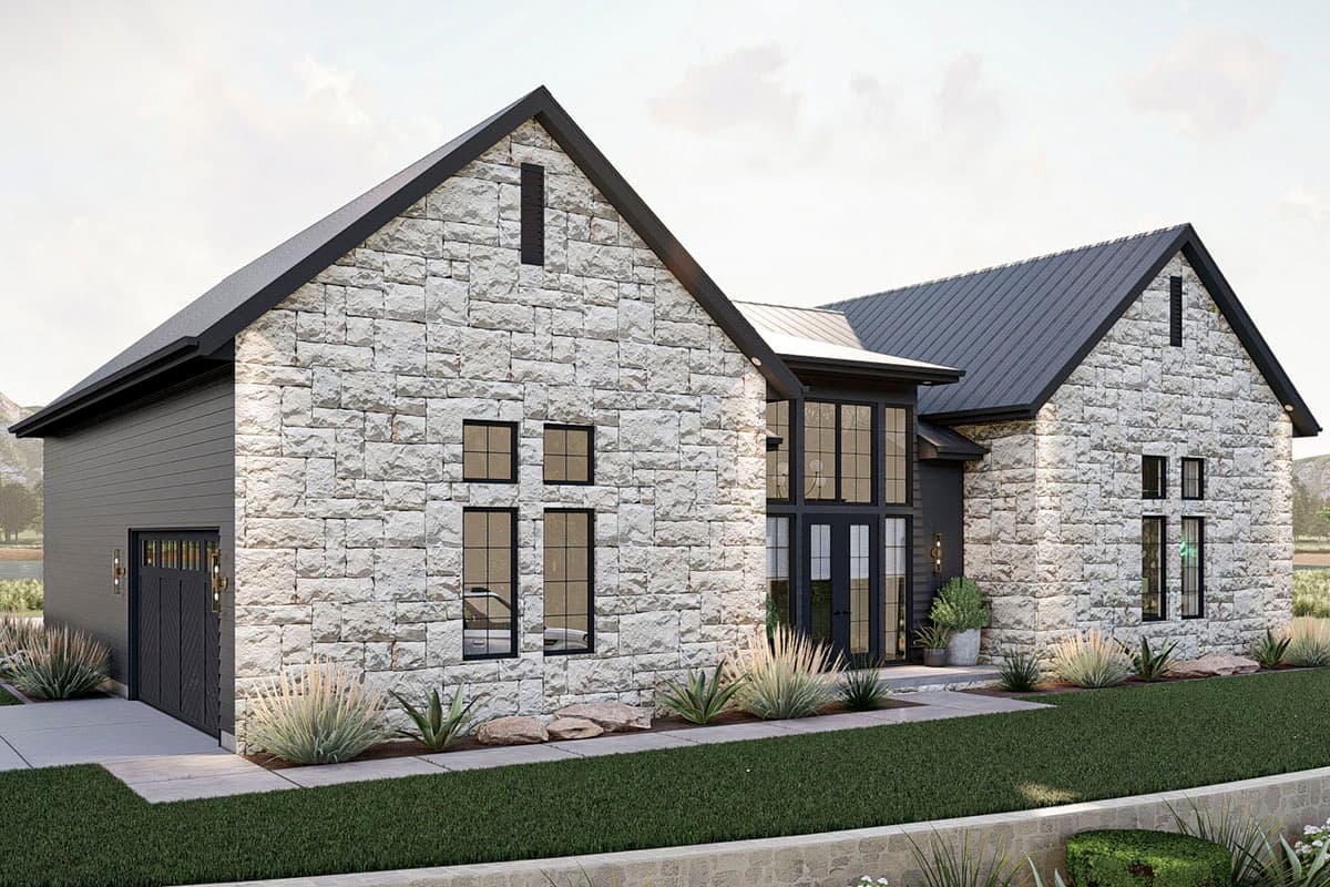 House plan exterior featuring stone facade, metal roof, large windows, and a two-car garage.