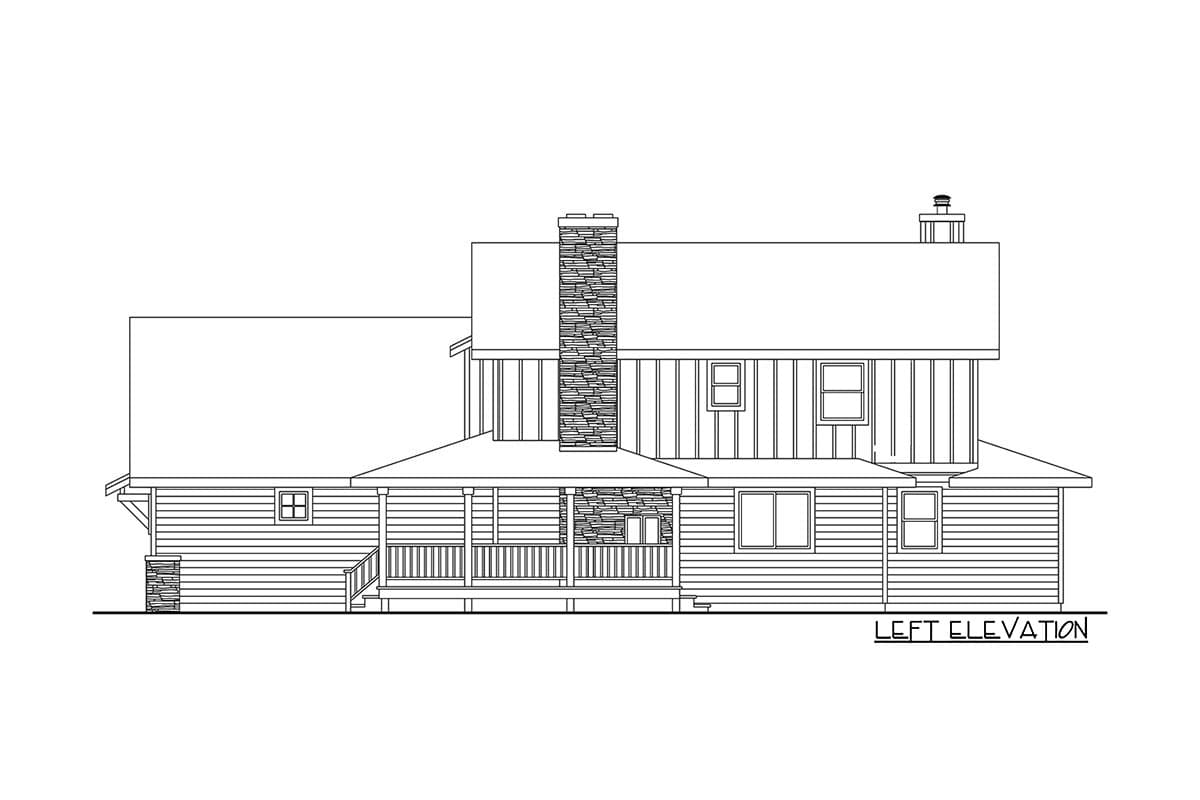 Left elevation drawing of a two-story house plan with a prominent stone chimney, wraparound porch, and horizontal siding.