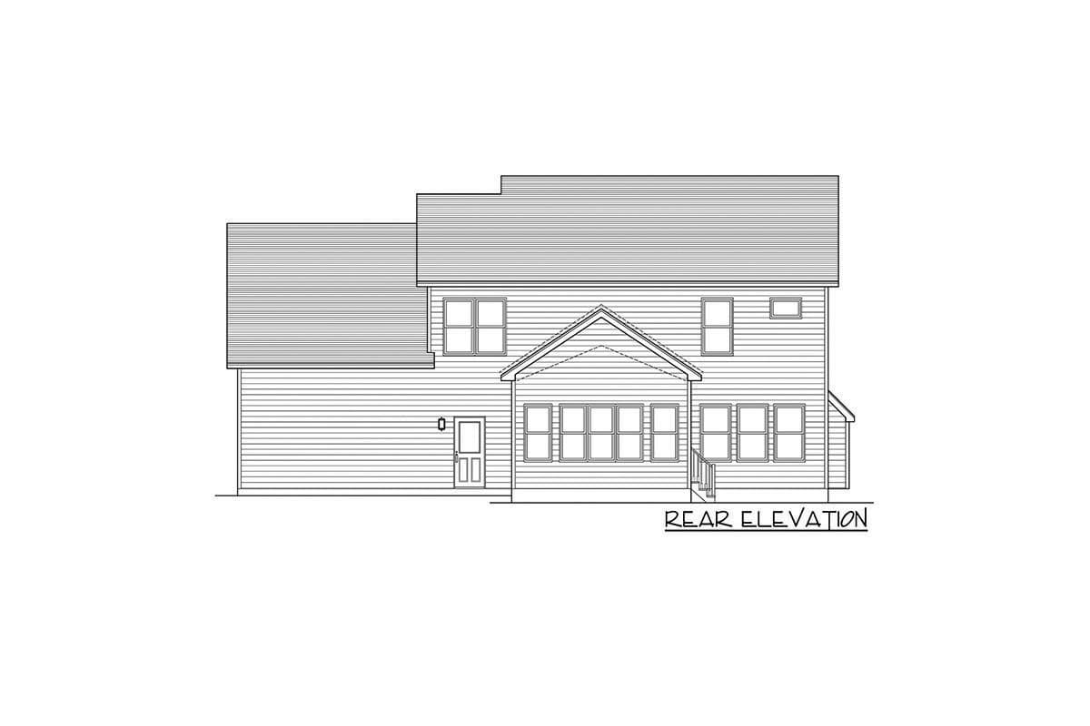 Rear elevation house plan showing a two-story home with horizontal siding, multiple windows, a gable roof, and a door with a small porch.