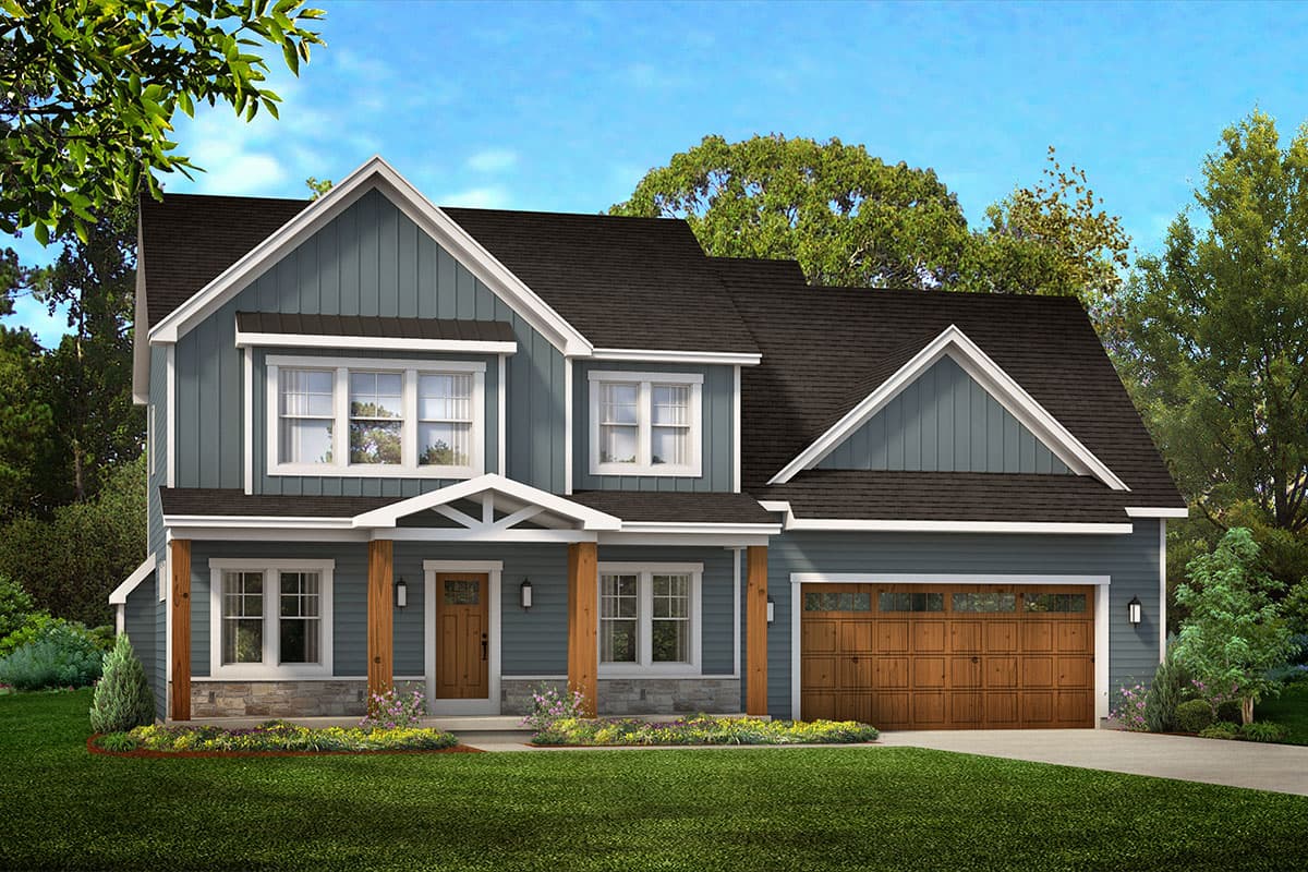House plan exterior. Two-story home with Craftsman-style elements. Features include gabled roof, front porch, and garage with wood doors.