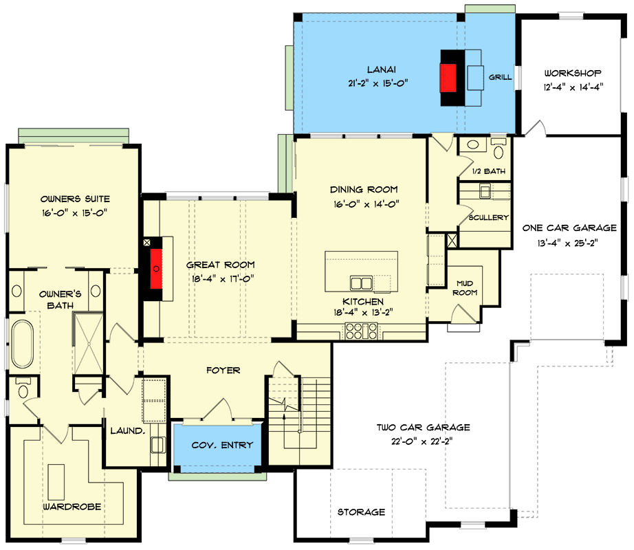 Plan 93147EL: 4-Bed Transitional Farmhouse Under 3700 Square Feet with Outdoor Fireplace and a Home Office - Floor Plan - Main Level - Contemporary, Farmhouse, Modern Farmhouse, New American, Transitional
