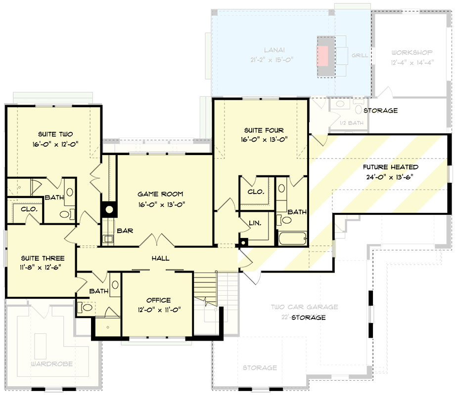 Plan 93147EL: 4-Bed Transitional Farmhouse Under 3700 Square Feet with Outdoor Fireplace and a Home Office - Floor Plan - 2nd Floor - Contemporary, Farmhouse, Modern Farmhouse, New American, Transitional