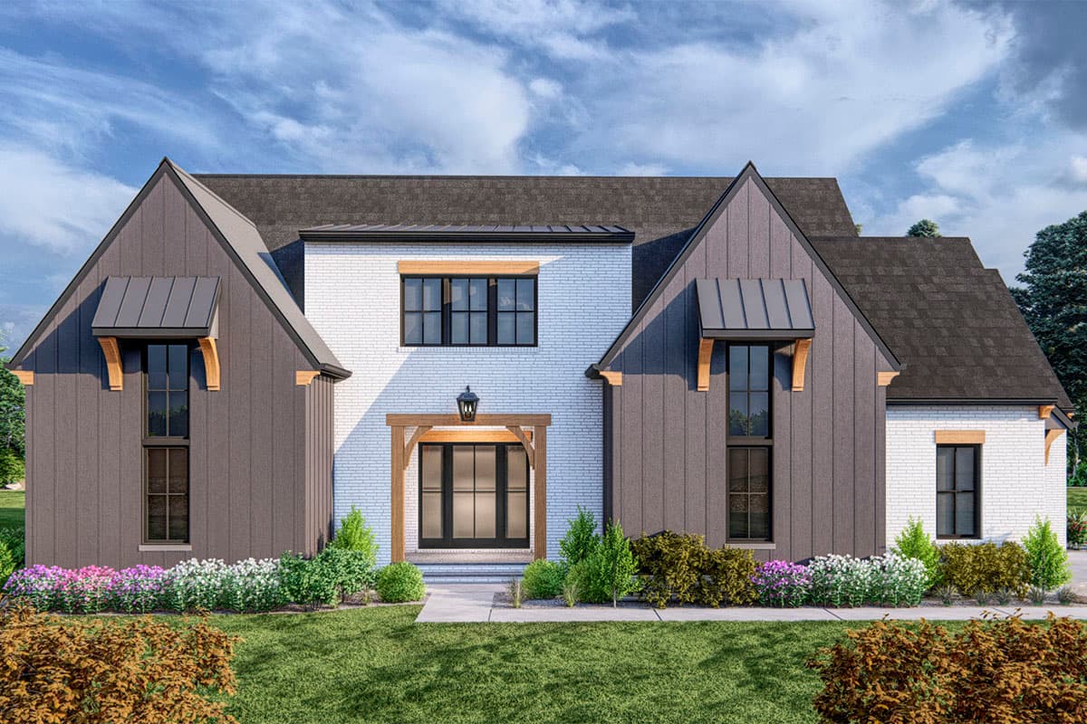 House plan exterior. Modern Farmhouse style with two stories, gabled rooflines, dark siding, and shed roof window awnings. Features a covered entry.