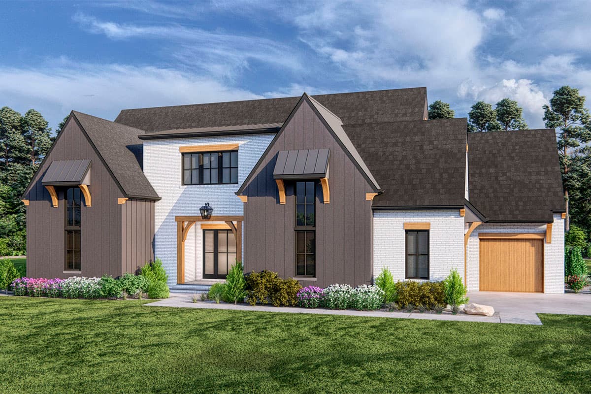 Modern Farmhouse house plan exterior with white brick, dark siding gables, metal awnings, wood accents, and attached garage.