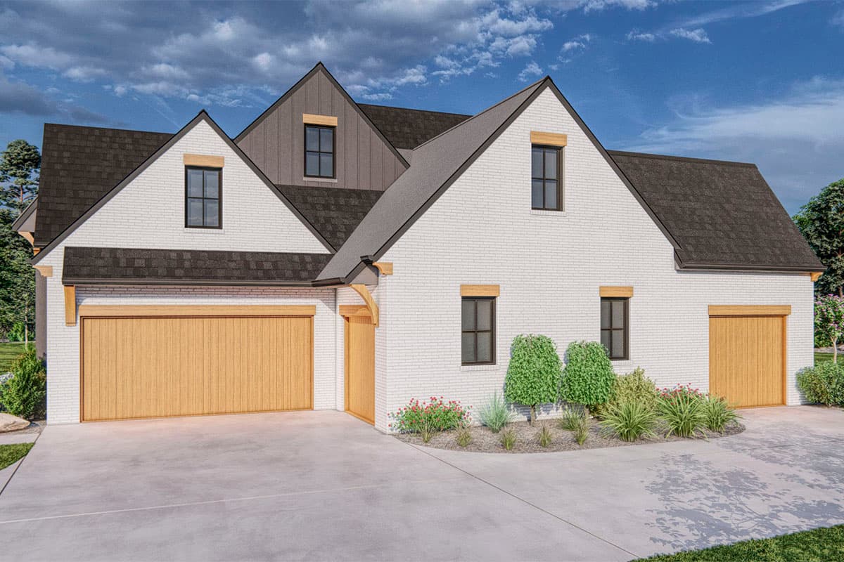 House plan exterior, white brick, multiple gables, two garage doors, and wood accents.