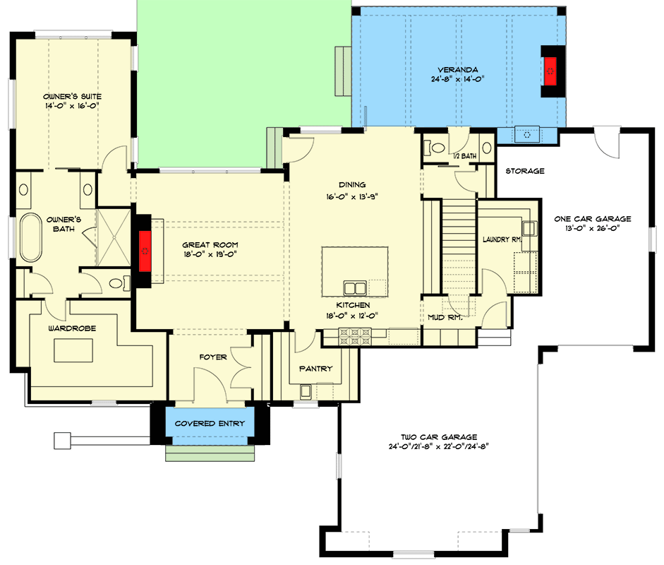 Plan 93148EL: 4-Bed Transitional House Plan Under 3800 Square Feet with Game Room Expansion - Floor Plan - Main Level - European, New American, Transitional