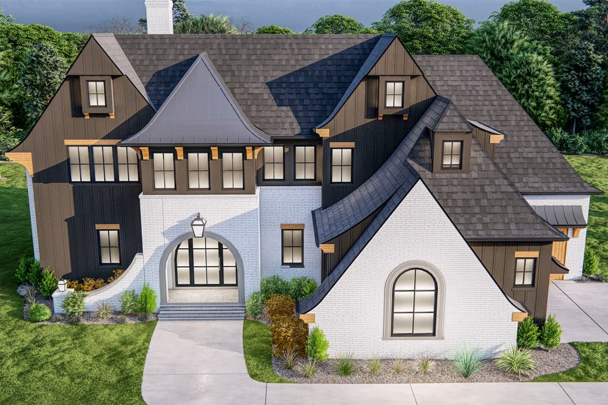 House plan exterior showcasing a two-story Modern Farmhouse with a prominent arched entryway, gables, dormers, and mixed materials.