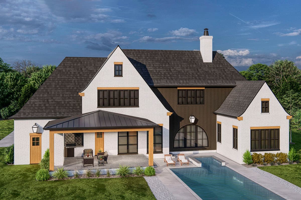 Modern house plan exterior with white brick, dark siding, gables, covered porch, and swimming pool.