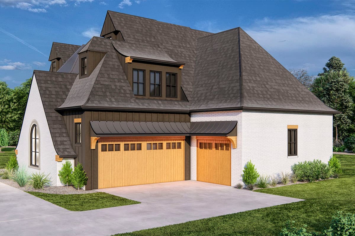 House plan exterior with steep rooflines, dormers, white brick, dark siding, and a two-car garage.