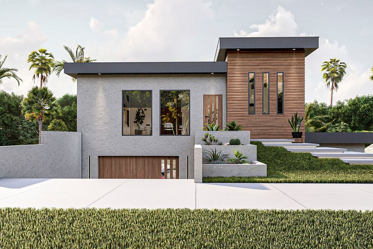 Modern house plan exterior with flat roof, wood siding accent, and three vertical windows. Features a stepped entry with built-in planters.