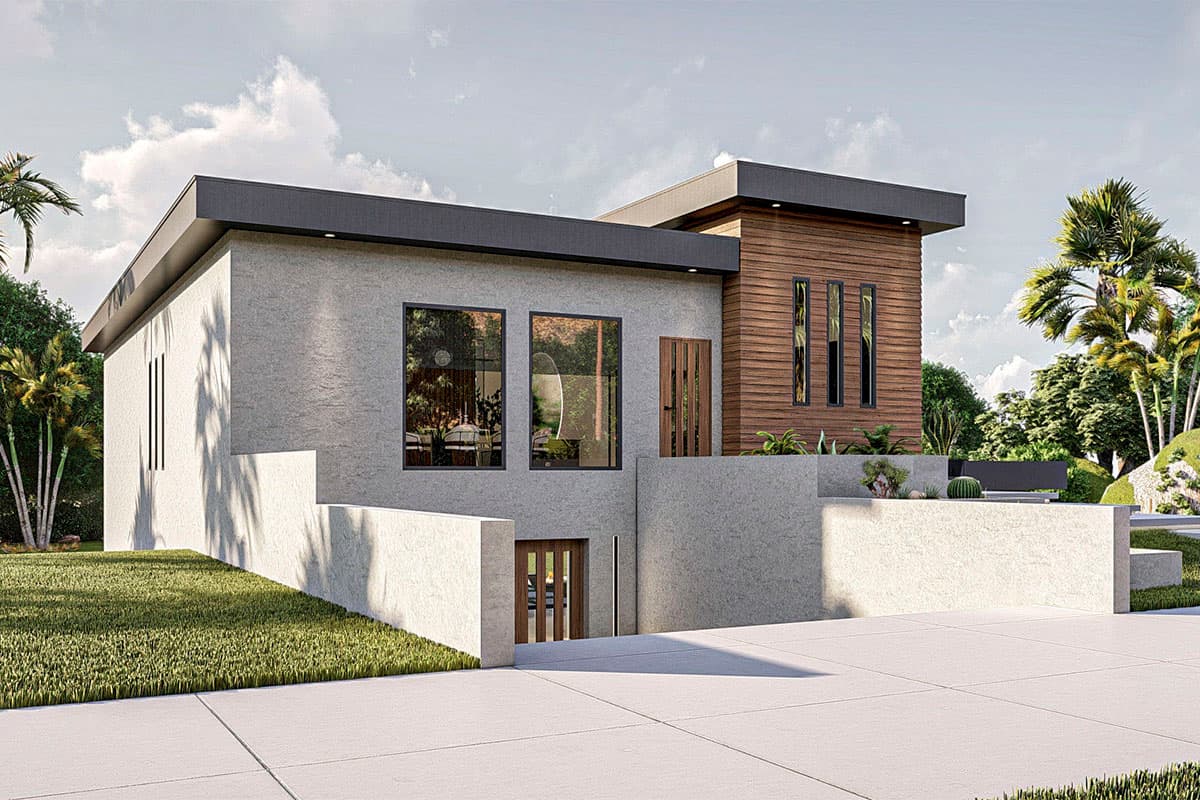 Modern house plan exterior with flat roof, stucco and wood siding, multiple windows, and a cantilevered section.