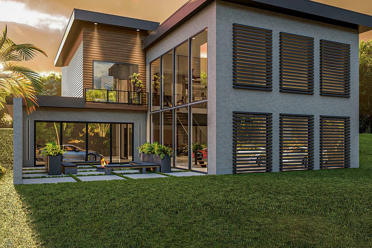 Modern house plan exterior: two stories, wood siding accents, large glass windows, glass balcony, and louvered window coverings.