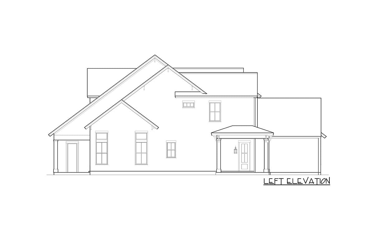 Left elevation house plan with multiple gables, covered entry porch, and varied window placements.