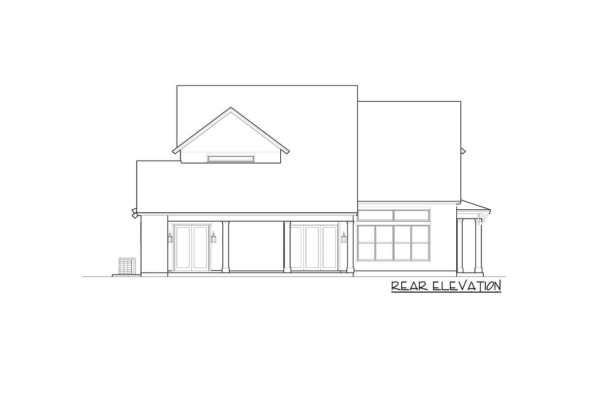 Rear elevation house plan shows a two-story home with a covered porch, double doors, and multi-pane windows.