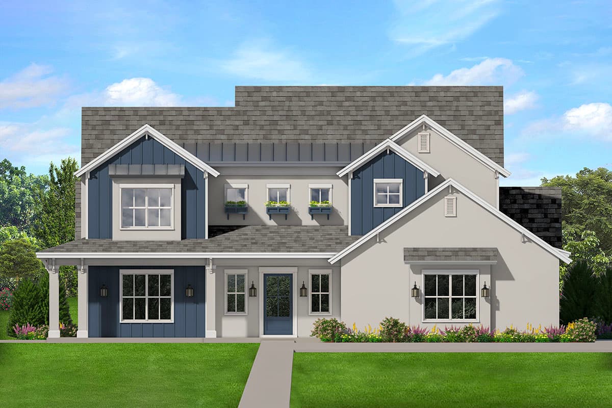 House plan exterior. Two-story, farmhouse style home with gabled roof, dormers, and front porch. Features include board and batten siding.